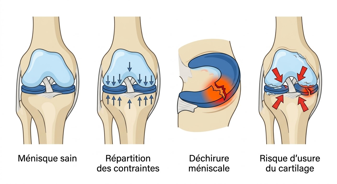 Schéma du ménisque du genou : ménisque sain, répartition des contraintes, déchirure méniscale et risque d'usure du cartilage