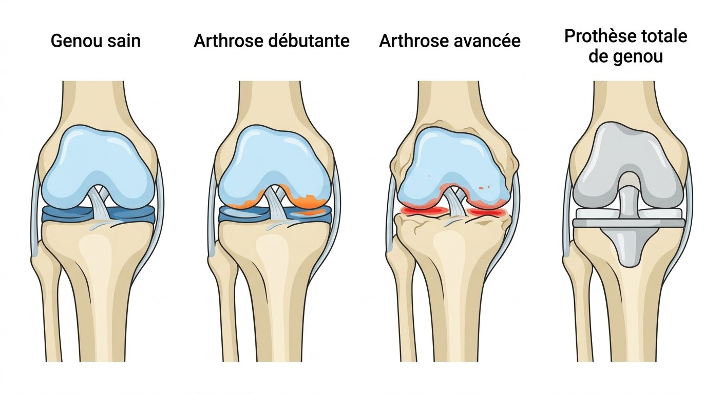 Schéma du genou : genou sain, arthrose débutante, arthrose évoluée et prothèse totale de genou