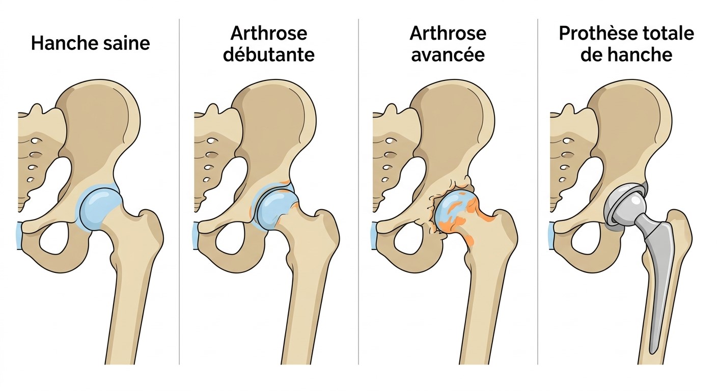Schéma de la hanche : hanche saine, arthrose débutante, arthrose évoluée et prothèse totale de hanche