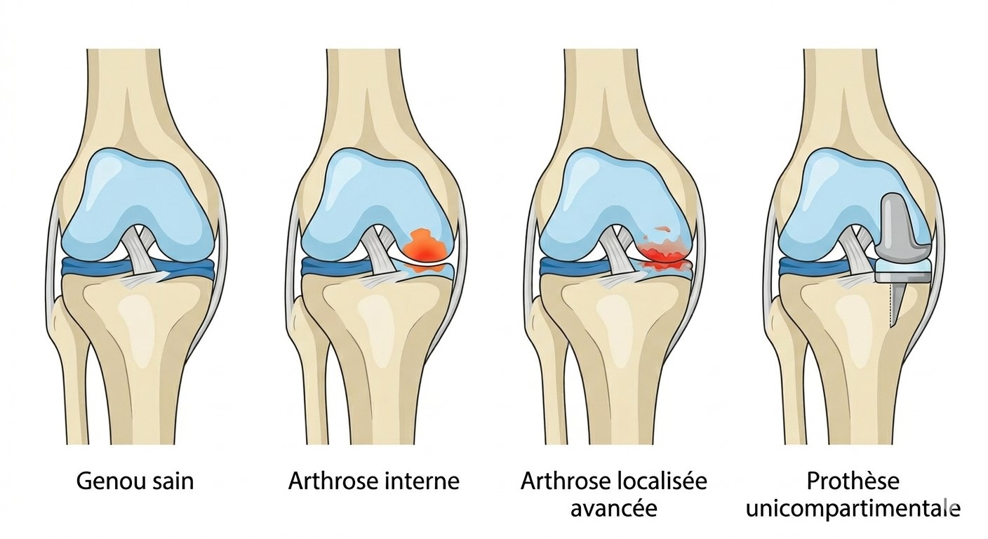 Schéma du genou : genou sain, arthrose interne localisée, arthrose avancée et prothèse unicompartimentale (PUC)
