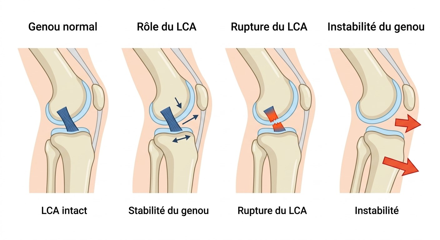 Schéma du genou : ligament croisé antérieur intact, stabilité du genou, rupture du LCA et instabilité qui en résulte