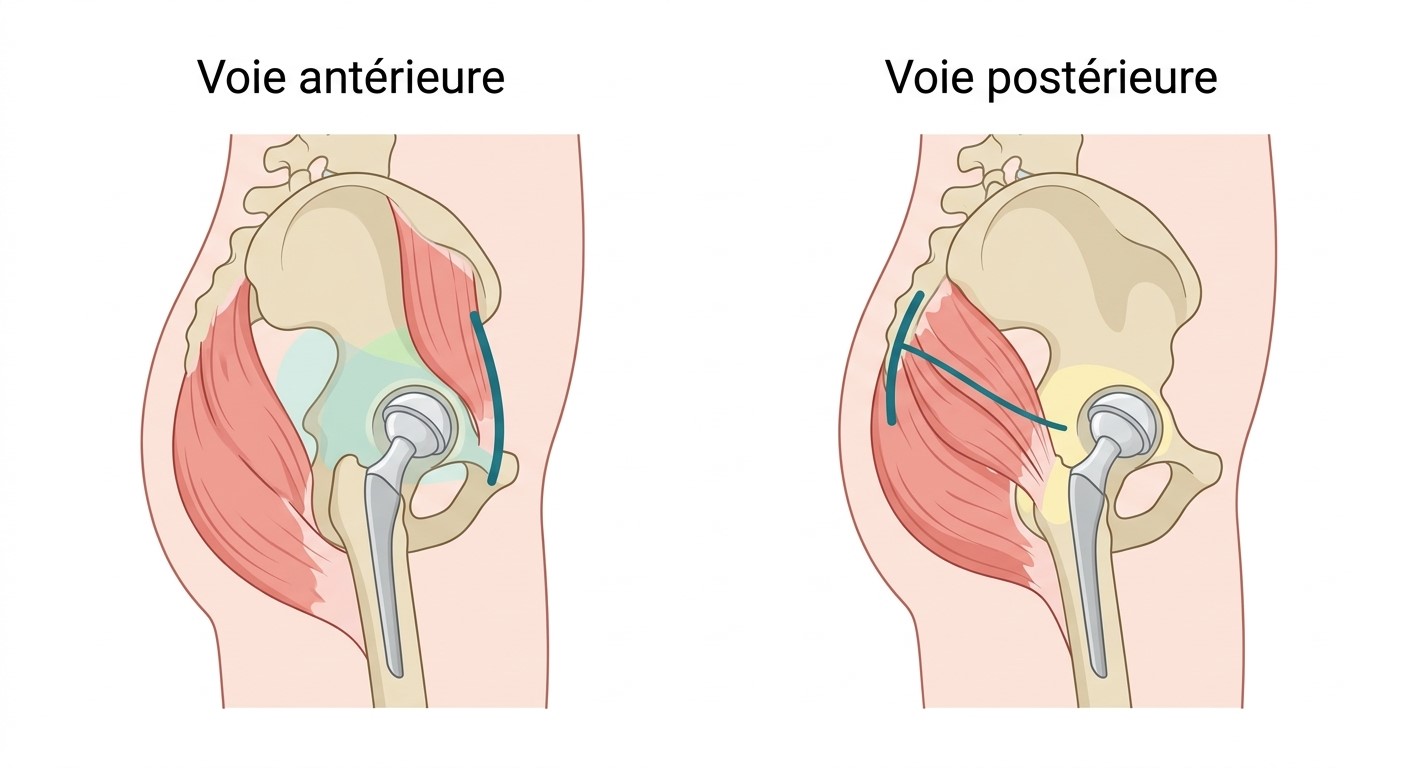 Schéma comparatif de la voie d'abord antérieure et de la voie d'abord postérieure pour la prothèse totale de hanche